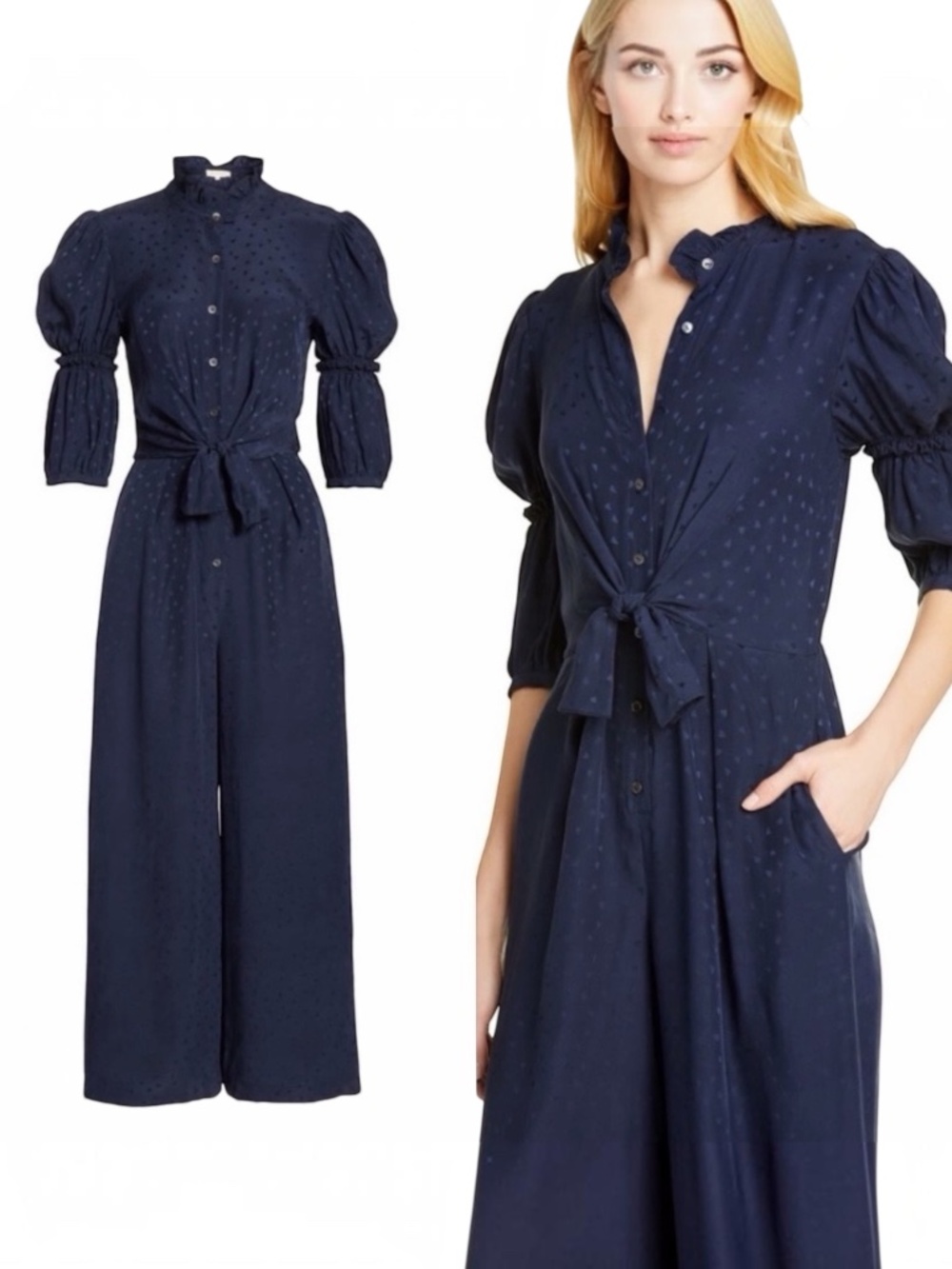 Rebecca Taylor Heart Jacquard 100% Silk Wide Leg Jumpsuit Navy Blue Size 0